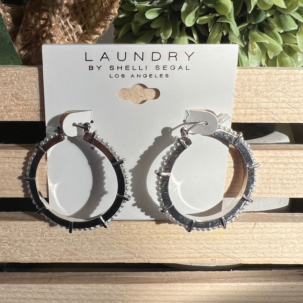 Laundry by Shelli Segal Silver Faux Pearls Hoop Earrings